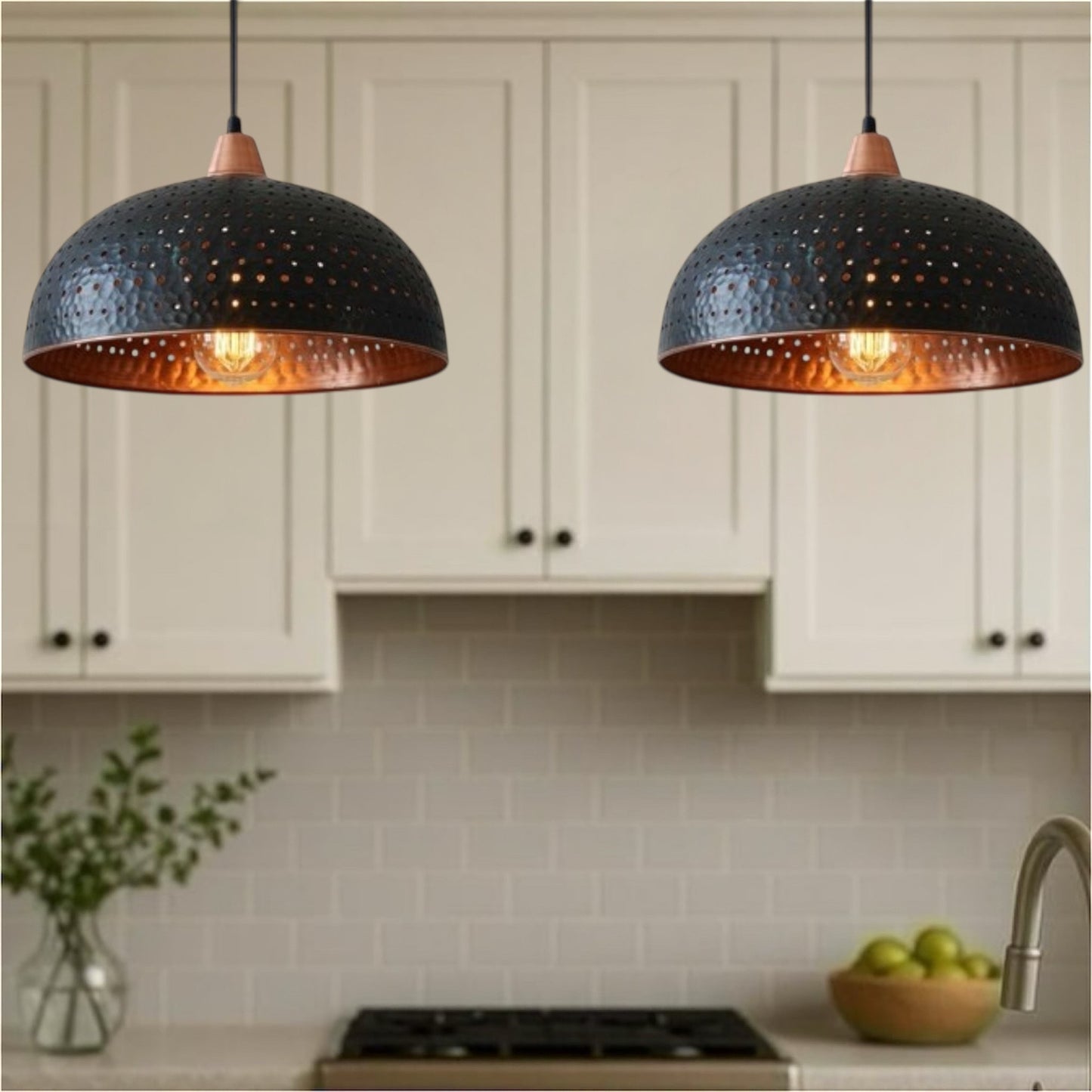 Copper Dome Ceiling Light, Hammered Black & Copper Red-