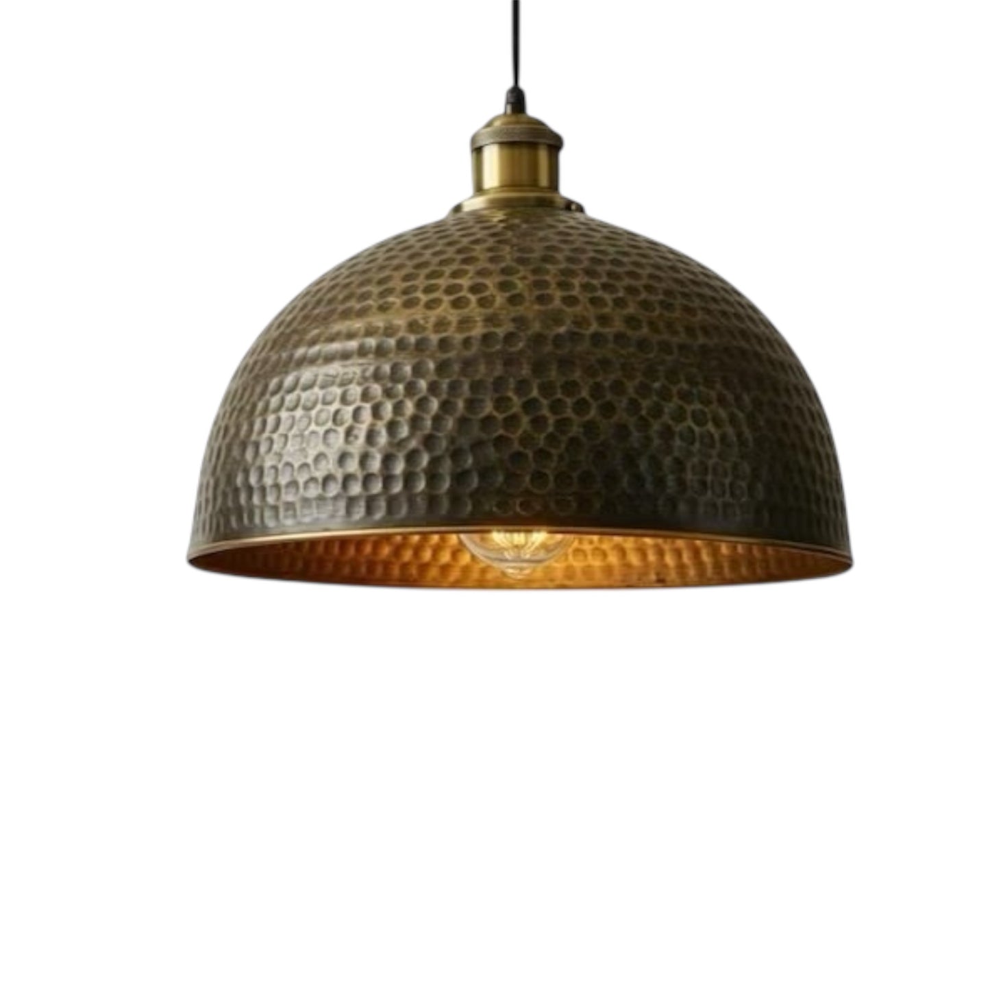 Bronze pendant light with textured surface on a white background