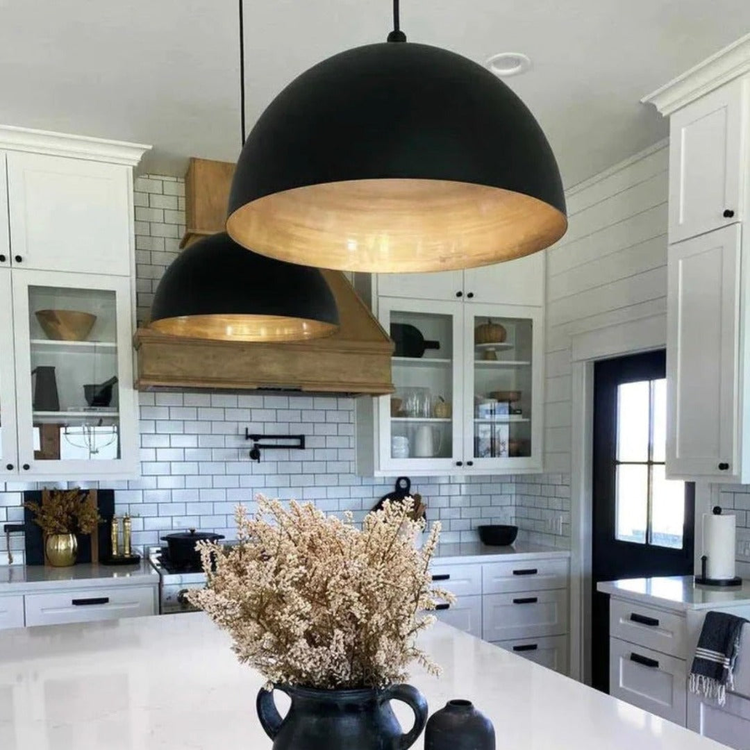 Set of 2 Dome Light, Black Brass handing lamps, danish pendant light, design lights, wooden pendant light, wooden pendant lamp, black chandelier, black pendant light, black lighting, Nordic pendant light, Dome Black Pendant