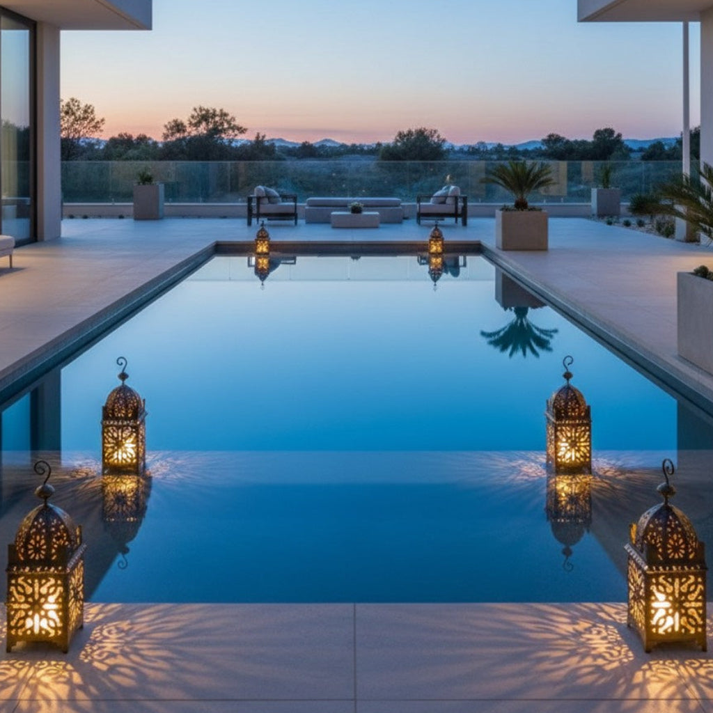 Rustic Moroccan bronze lantern with incense smoke and geometric shadow patterns.