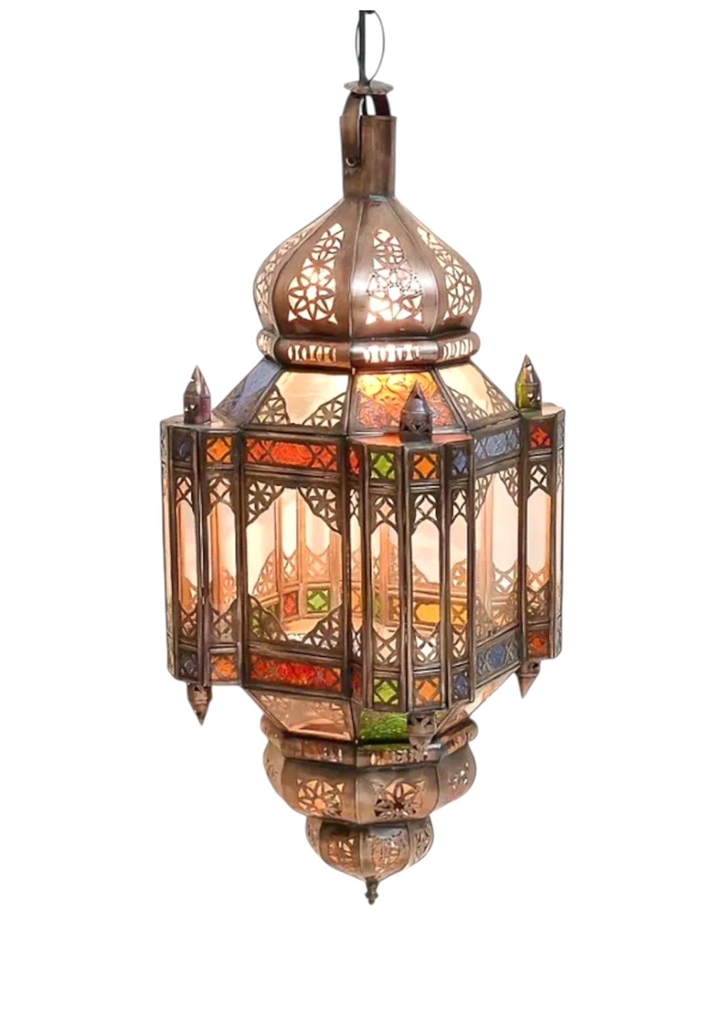 Isolated product image of an authentic handmade Moroccan brass lantern with colorful stained glass.
