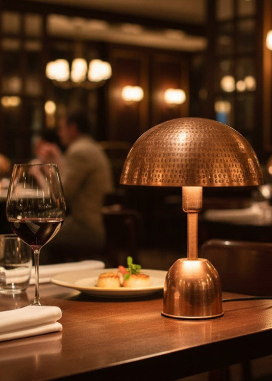 Handcrafted copper table lamp for luxury restaurant ambient lighting