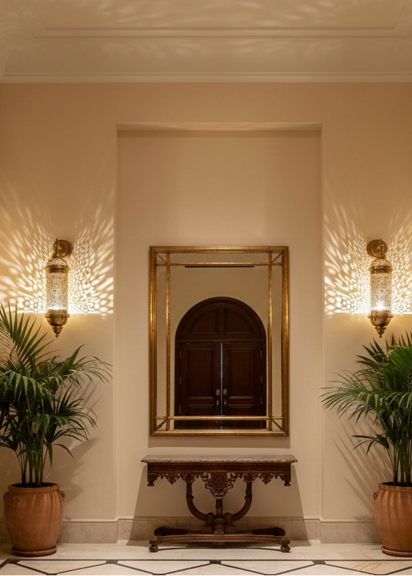 Antique brass wall light with traditional Arabic calligraphy patterns