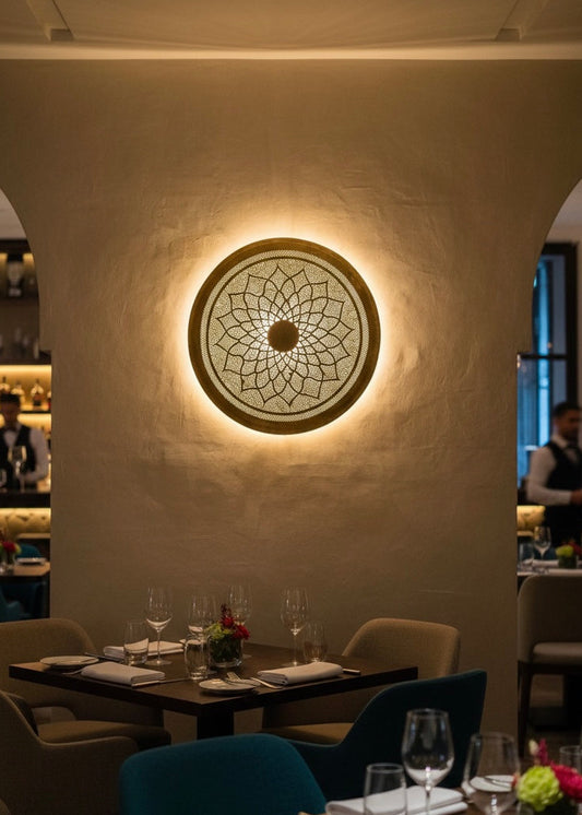 Ambient wall lighting with decorative shadows, handmade brass sconce.