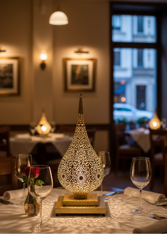 Gold finish Moroccan standing lamp with geometric patterns