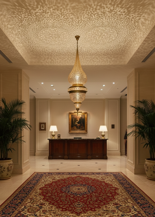 Hand-crafted gold brass Moroccan lantern for living room or hallway decoration.