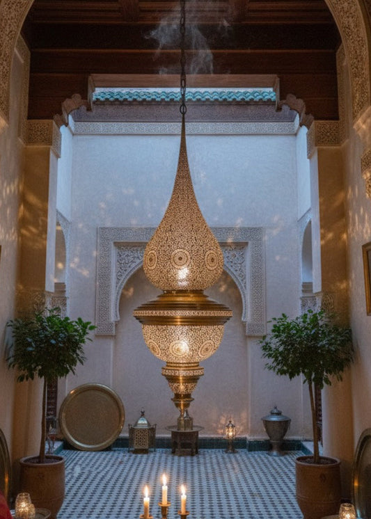 "Extra large Moroccan brass pendant light hanging in a luxury courtyard".