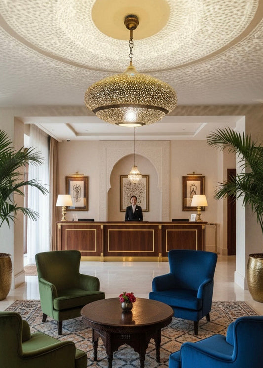 Handcrafted Marrakesh copper pendant lamp showing its natural metallic texture.