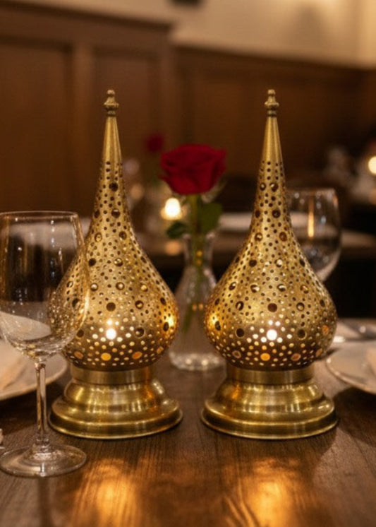 Hand-engraved Moroccan brass lantern with teardrop design