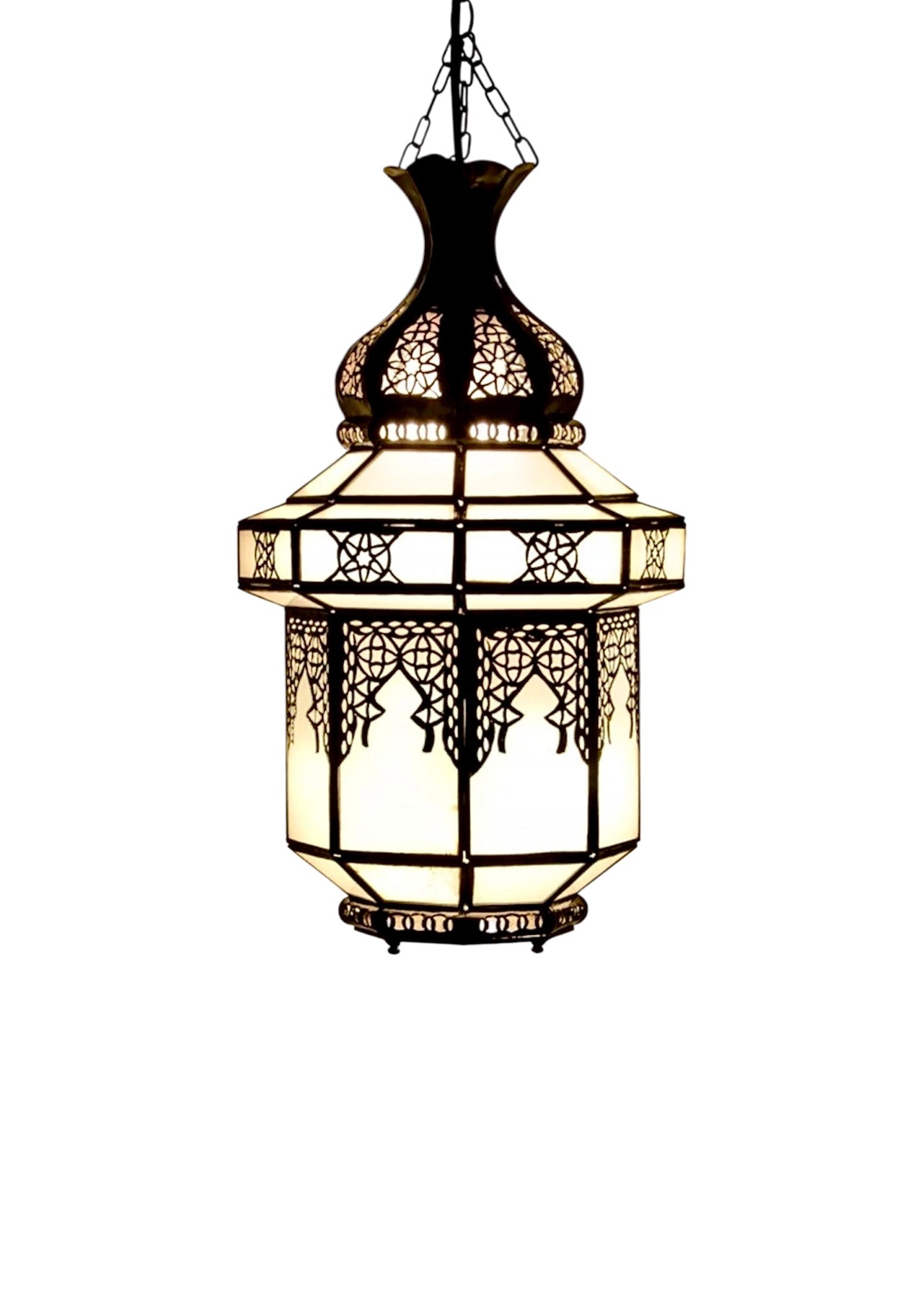Luxury Moroccan style pendant light fixture in a modern architectural home entryway.