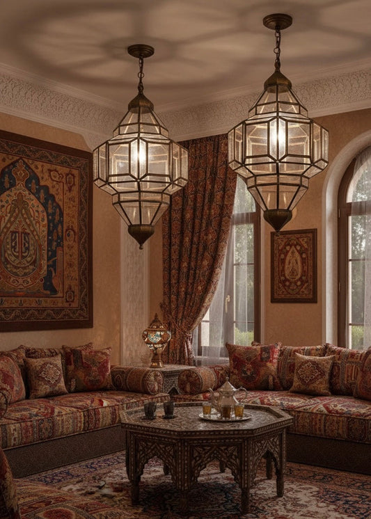 Close-up of handmade brass metalwork on a traditional Moroccan glass pendant light.