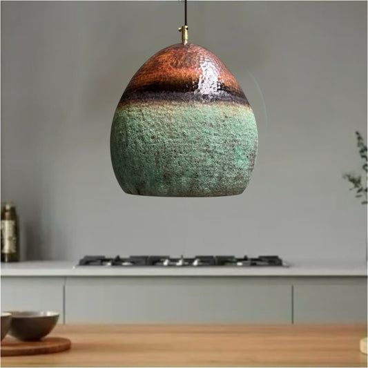 Handmade hammered copper pendant light with green patina finish