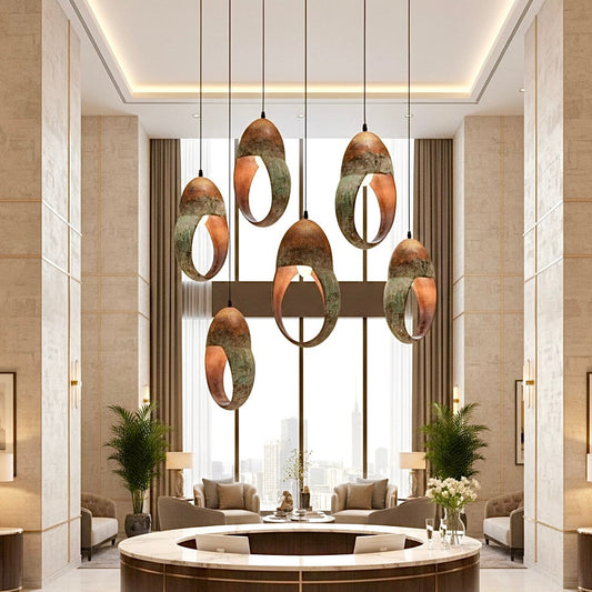 Handcrafted Moroccan ring lamp in a Boho-chic living room with desert-toned decor.