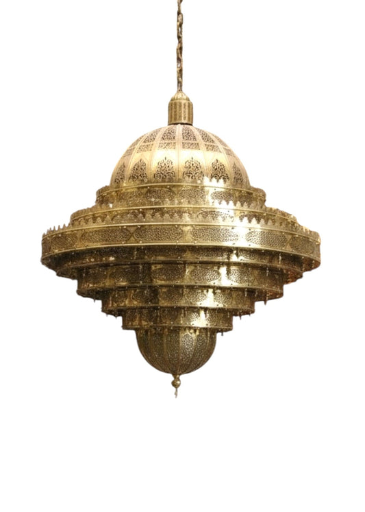 Large handmade custom brass chandelier featuring intricate Moroccan metalwork on a white background.