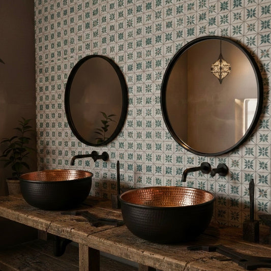 Modern luxury bathroom design with a handcrafted copper basin and marble countertop.