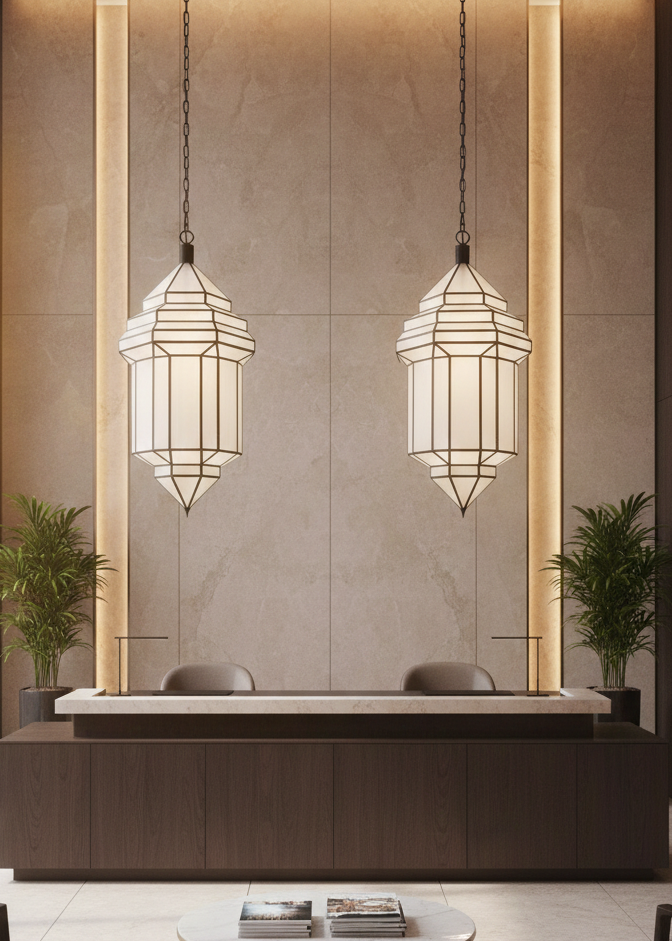 Two large Moroccan 100% brass handmade glass lamps hanging in a luxury reception area with high ceilings.