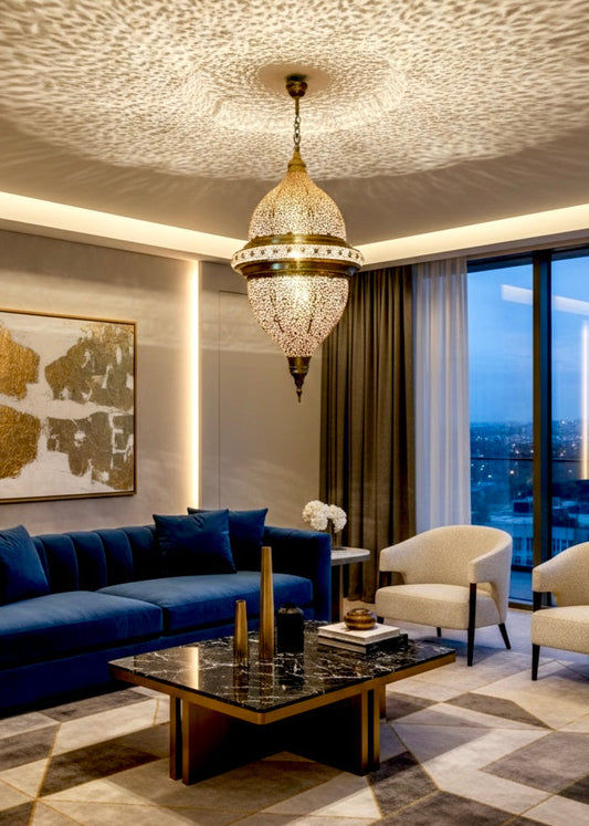 Luxury large-scale Moroccan lighting fixture with a warm antique brass finish.