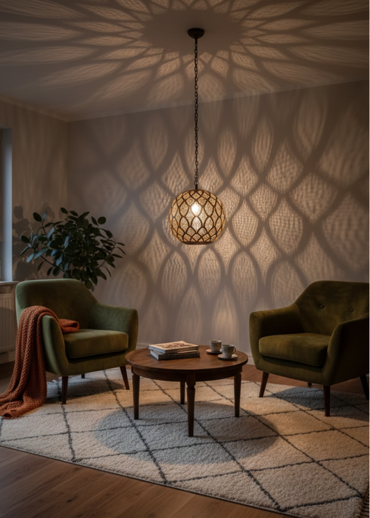 Modern Arabic pendant lighting used as a focal point in a contemporary interior design setting.