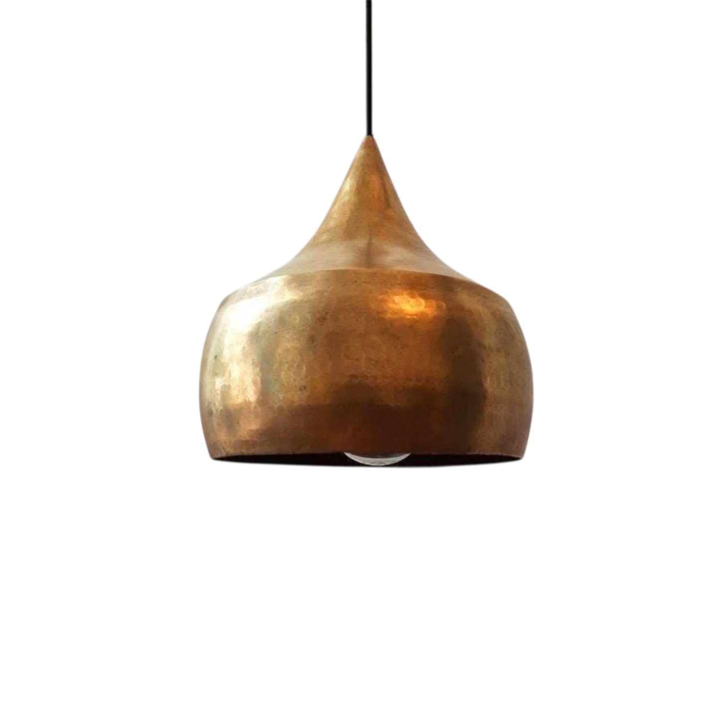 Hand-hammered dome brass pendant light with a modern gold finish for minimalist interior design.