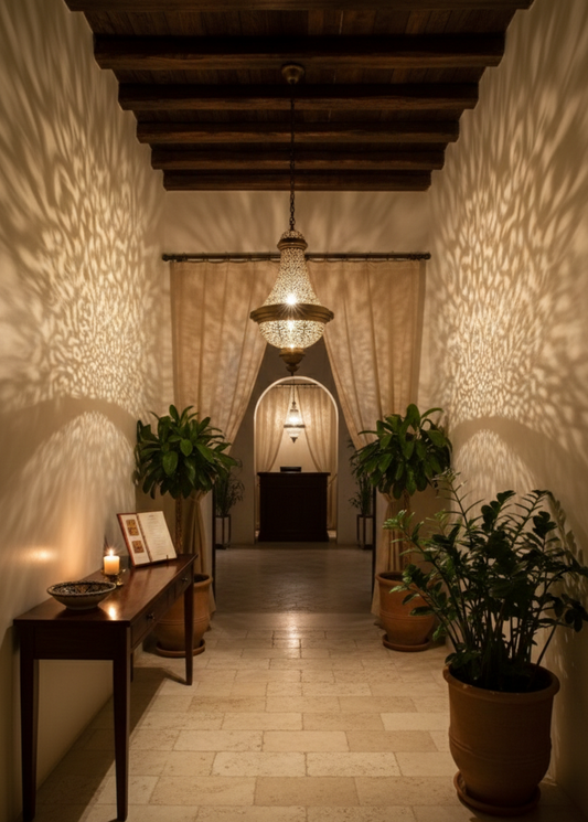 Authentic Moroccan brass chandelier hanging with antique gold finish.