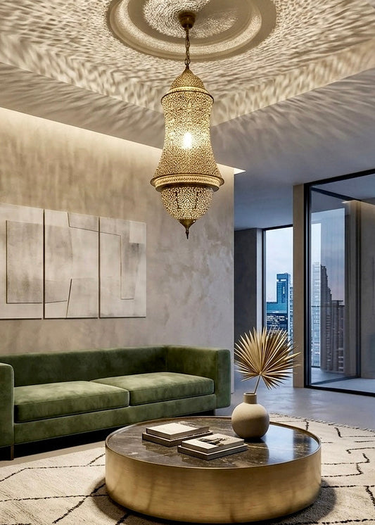 Luxury Moroccan brass chandelier casting stunning geometric shadow patterns on walls.