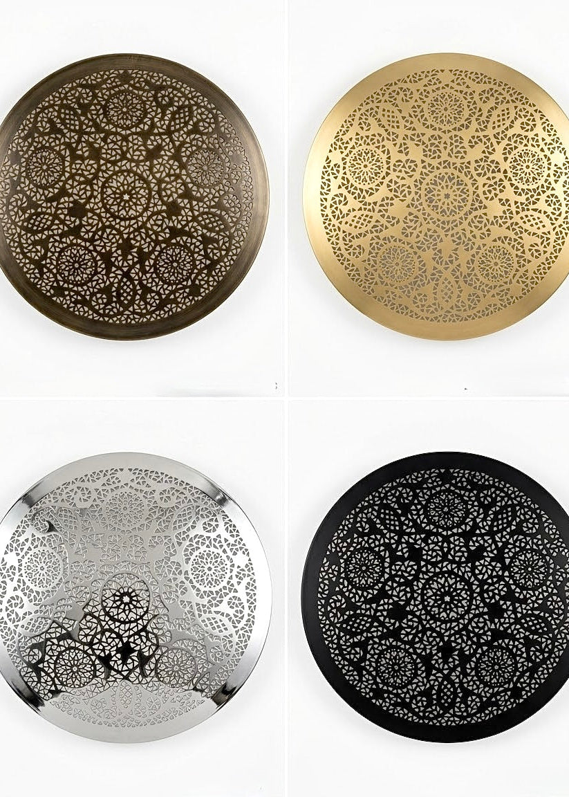 Handcrafted Moroccan brass flush mount ceiling light available in four finishes: antique bronze, polished gold brass, chrome silver, and matte black.