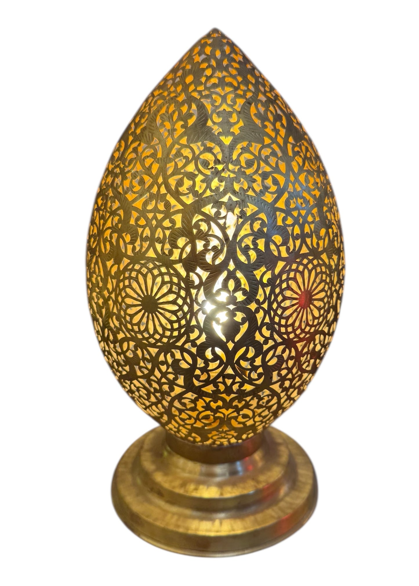 Handmade Moroccan brass table lamp in egg shape with intricate filigree patterns.