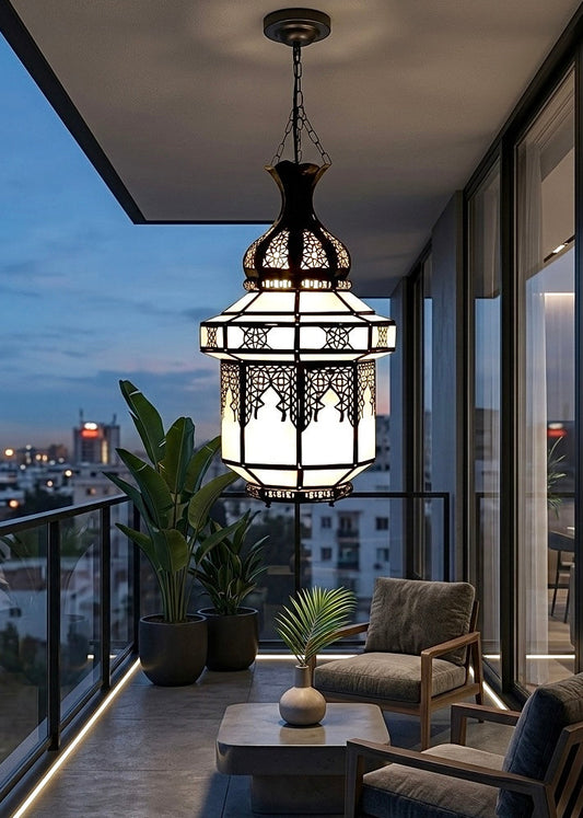 Elegant Moroccan brass and glass pendant lamp for balcony or outdoor patio lighting