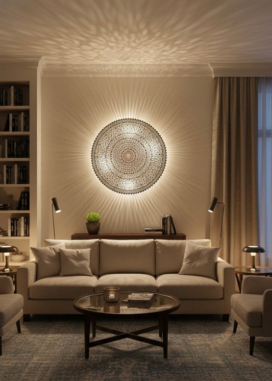 Beautiful shadow patterns projected on a wall from a Moroccan decorative sconce.