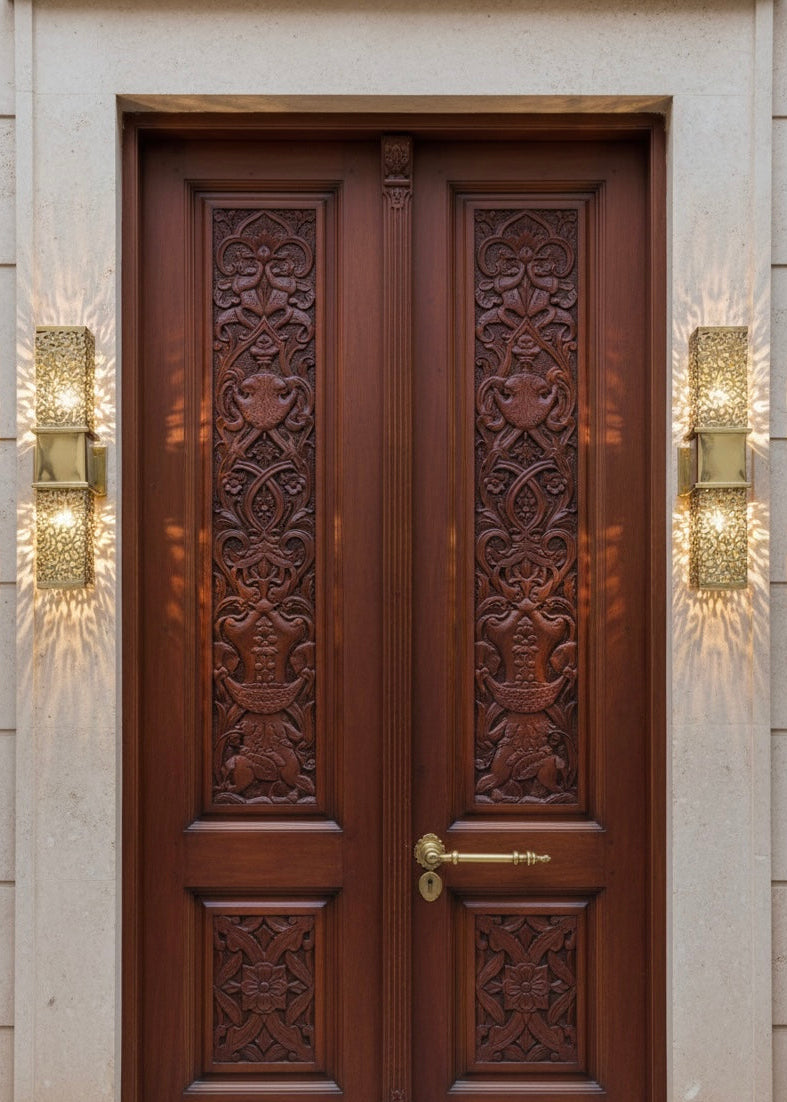 Decorative handmade Moroccan wall lighting installed in a hotel hallway for an elegant and exotic feel.