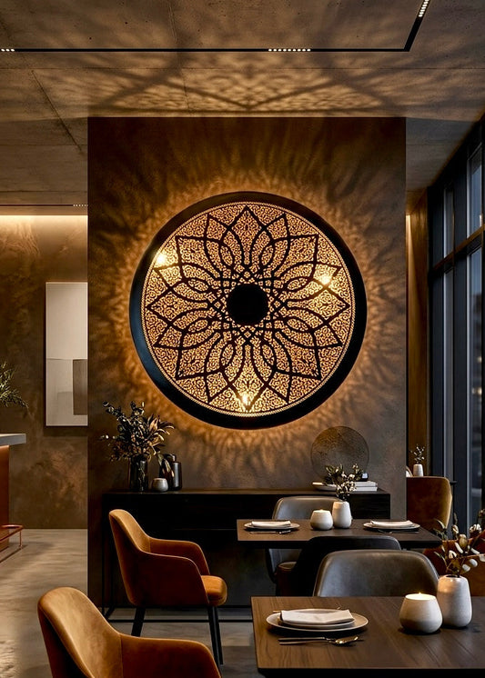 Luxury restaurant interior featuring a large Moroccan brass wall lamp as a centerpiece, creating decorative shadows on a concrete wall.