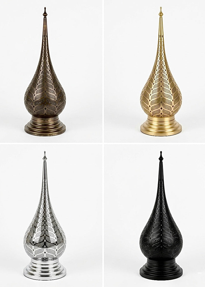 Four variations of a Moroccan teardrop table lamp in antique bronze, gold, silver, and matte black finishes.