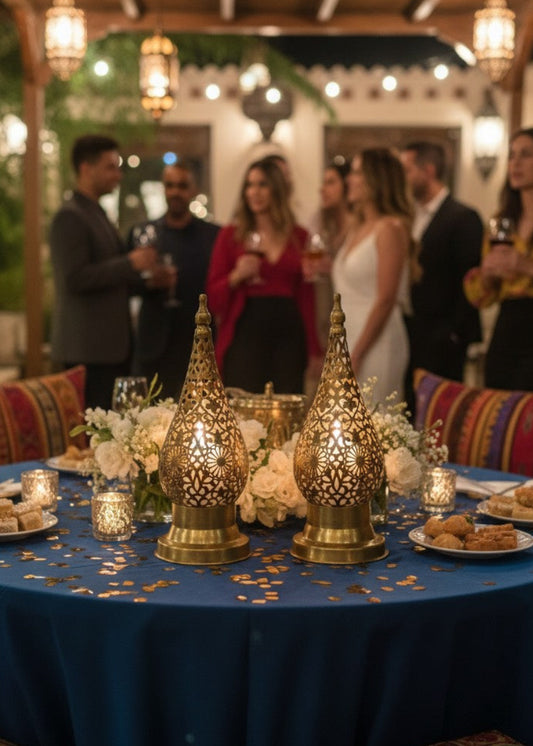 Moroccan candle holder emitting a warm golden glow through traditional geometric patterns.