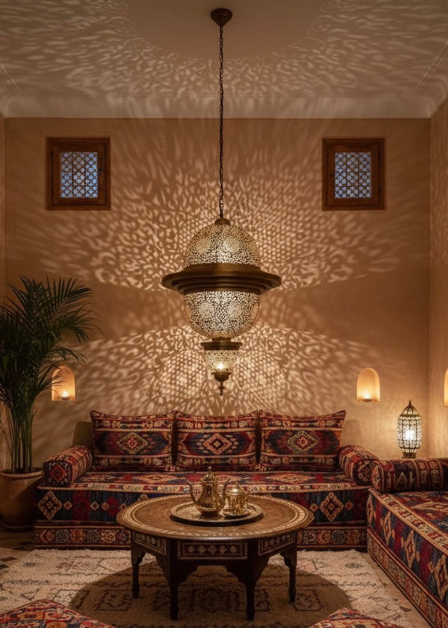 Oversized Moroccan brass pendant light suitable for luxury living rooms and riads.