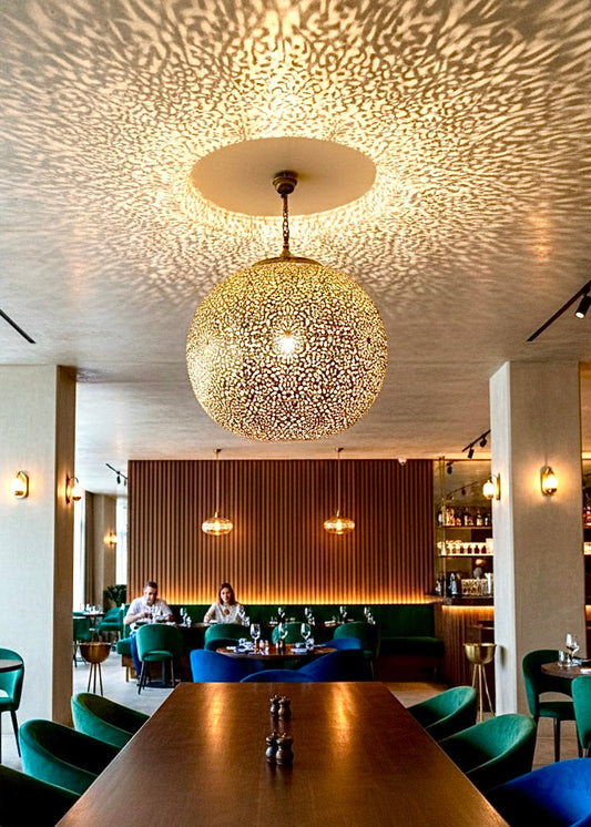 Silver-plated brass Moroccan hanging light handcrafted by skilled Moroccan artisans.