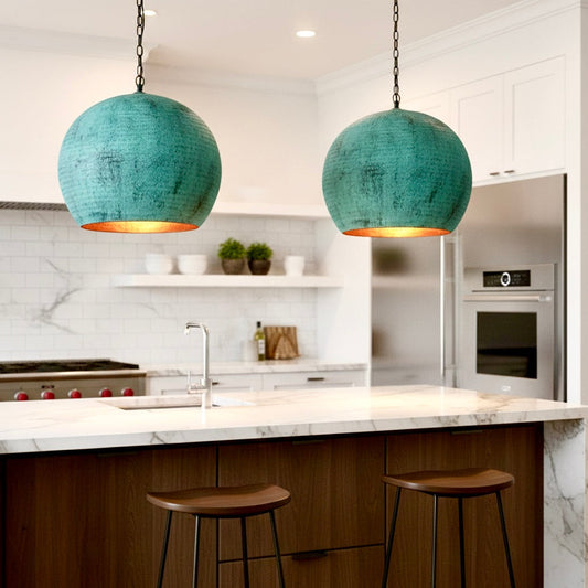 Verdigris green brass dome ceiling light providing a classic weathered look over a contemporary kitchen island.