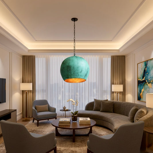 Vintage-inspired verdigris patina hanging Brass lamp adding a rustic touch to a modern living room interior.