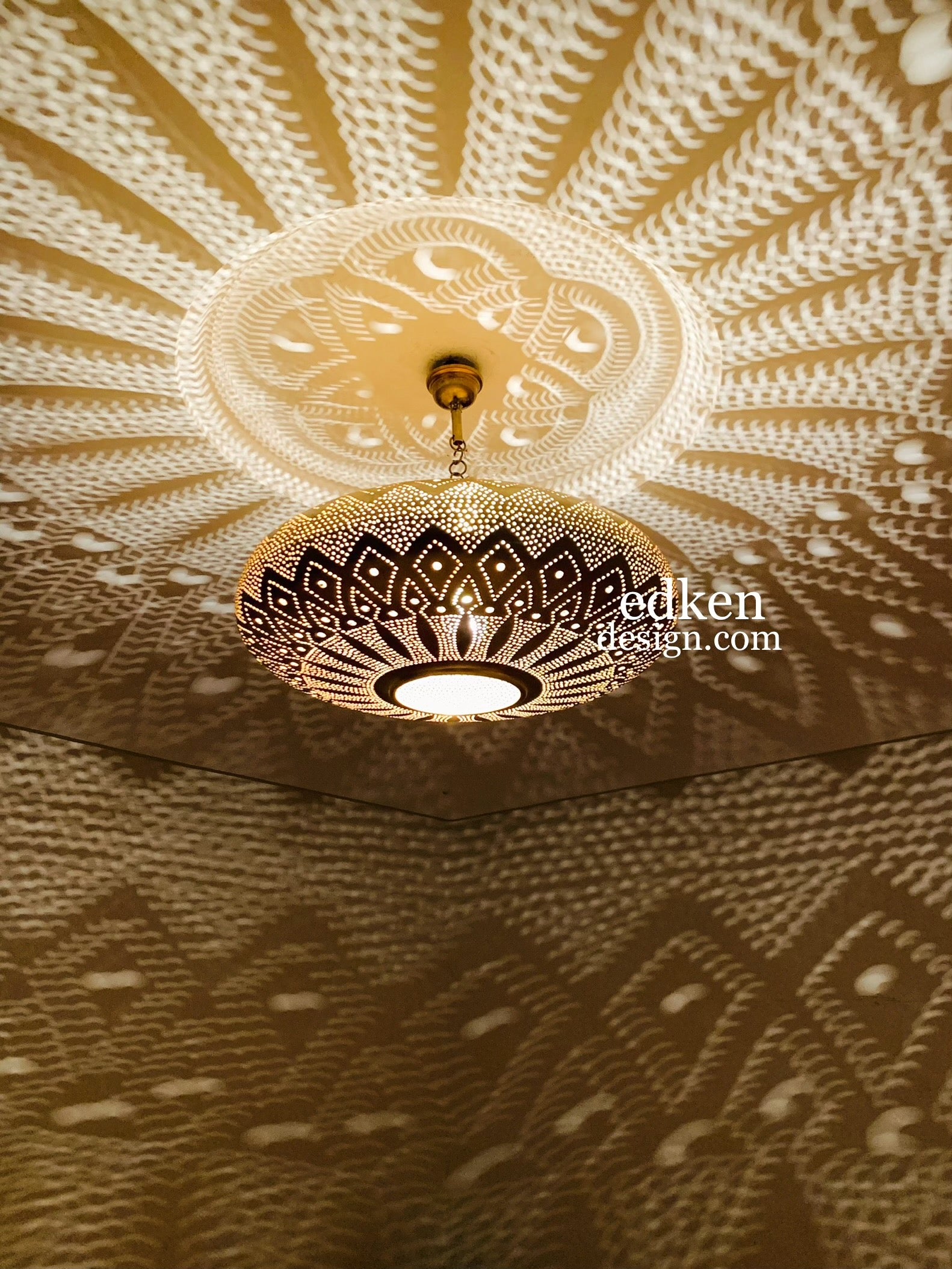 EDKEN LIGHTS - Close view Morocco Ceiling Lamp Shades Fixture pierced Brass Lozenge Hanging Lights Handmade Brass Morocco Home Decor Lighting