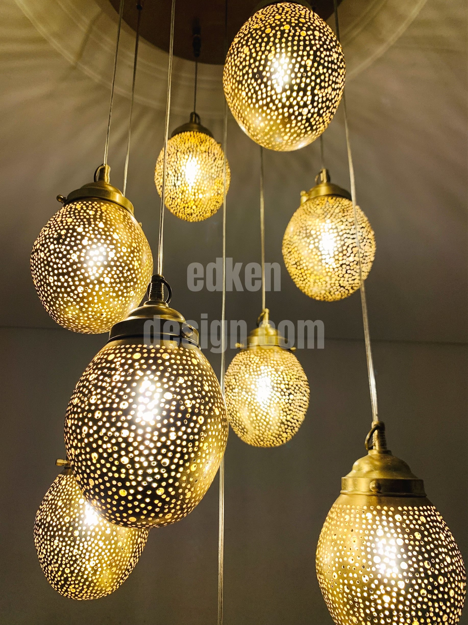 EDKEN LIGHTS - Closer view Morocco Ceiling Eggs Plate Hanging Lamp Shades Fixture Moroccan Handcrafted Brass Chandelier Pendant Lights