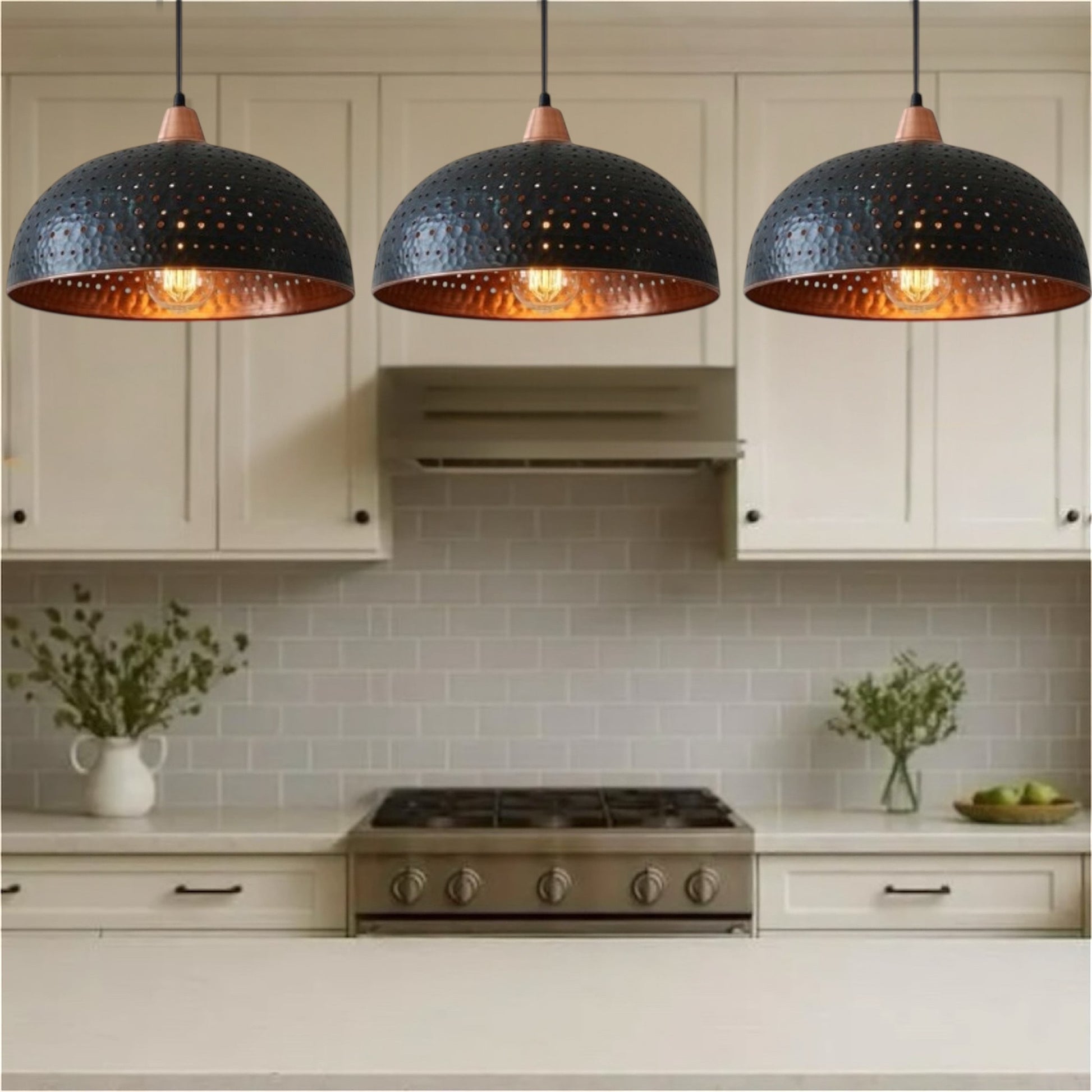 Copper Dome Ceiling Light, Hammered Black & Copper Red-
