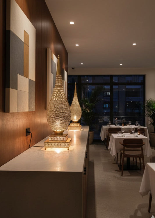Modern interior with decorative lamps on a counter and a dining area in the background.