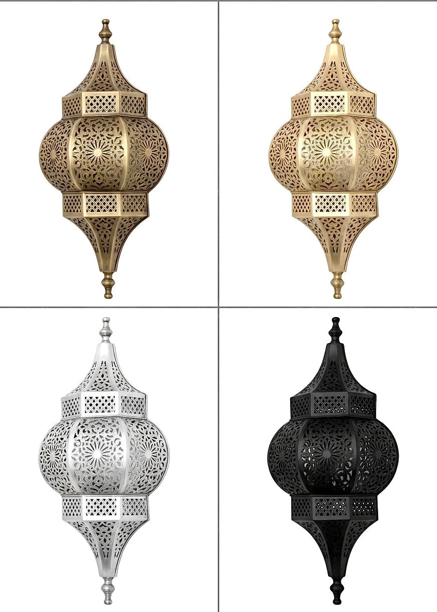 A collection of four handmade Moroccan brass wall lamps in antique brass, gold, silver, and matte black finishes, showing intricate geometric cutouts.