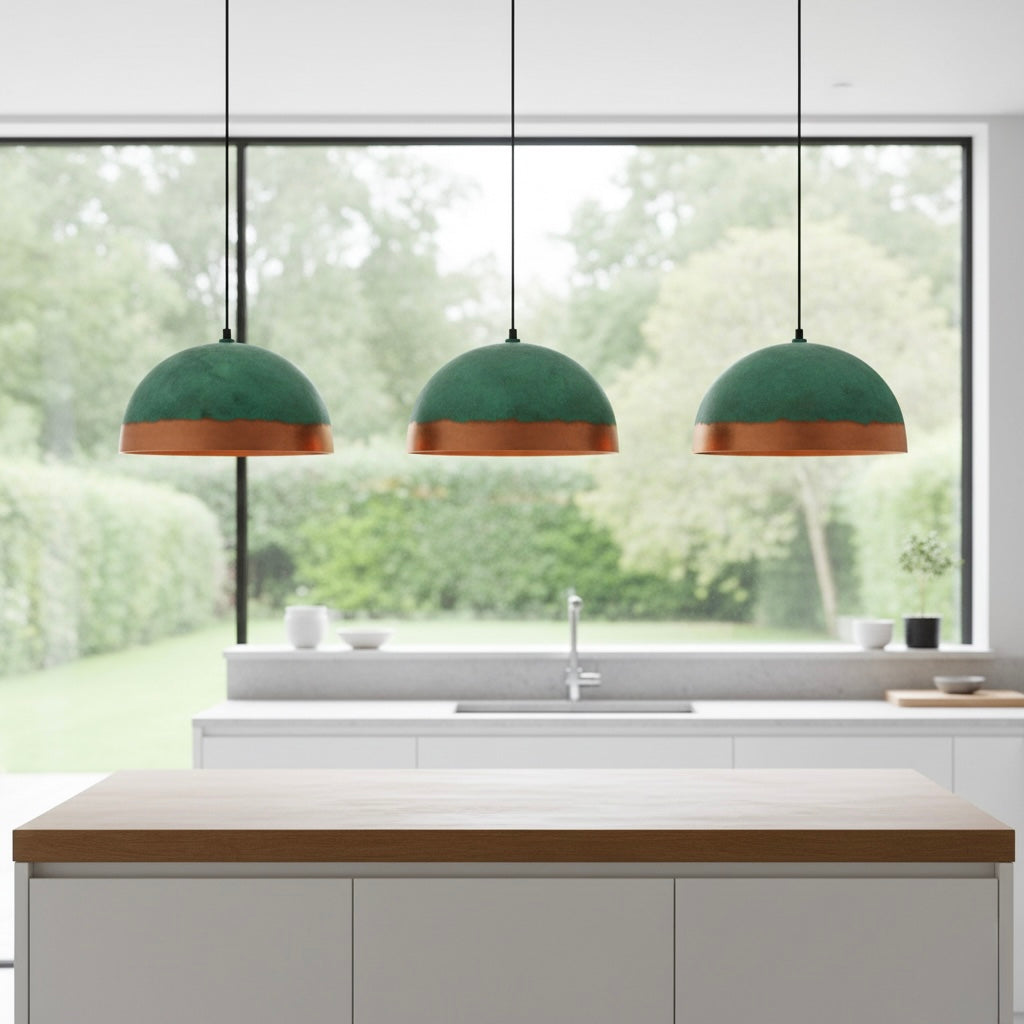 Detail of the adjustable black cable and top mount of the green patina copper ceiling lamp.