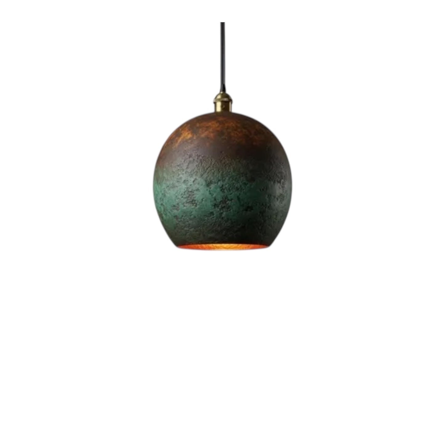 Artisan-made aged brass dome light with textured green finish, ideal for rustic or industrial kitchen decor.