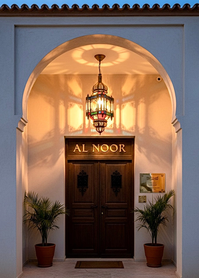 A classic Moroccan brass and glass lantern installed entrance door.