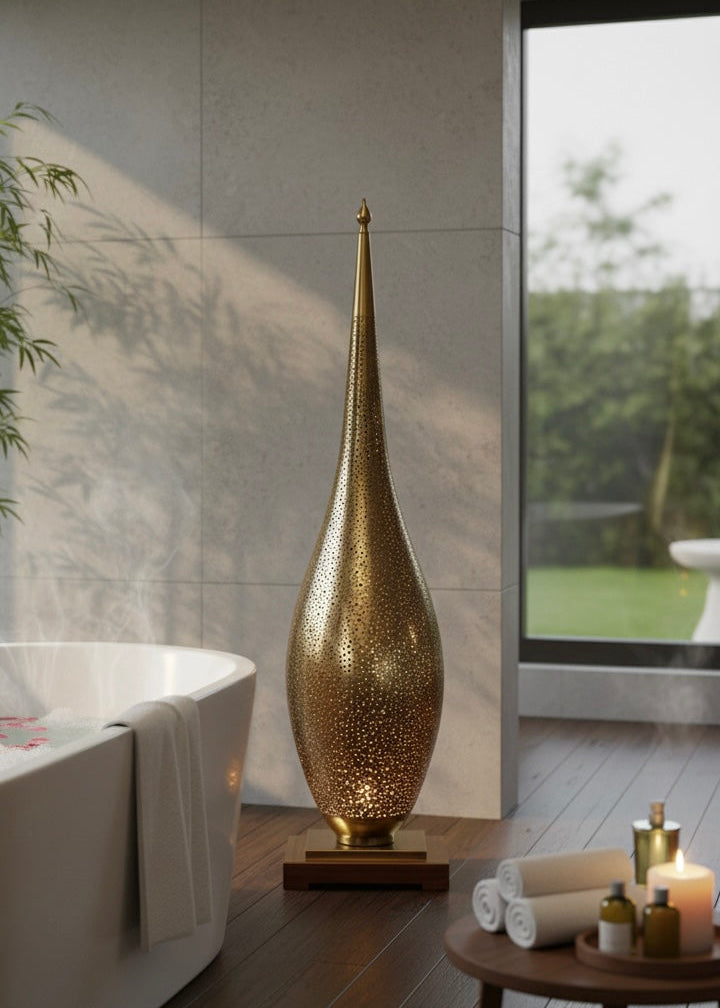 Luxury black and gold brass lamp with a teardrop shape and authentic Moroccan craftsmanship.