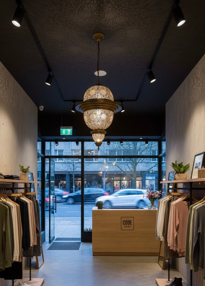Antique gold Moroccan brass lamp hanging in a bright room without light.