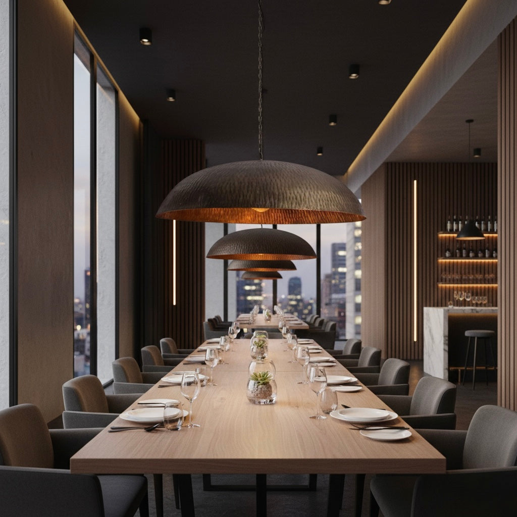 Modern brass hammered dome pendant light installed over a kitchen island or dining table.