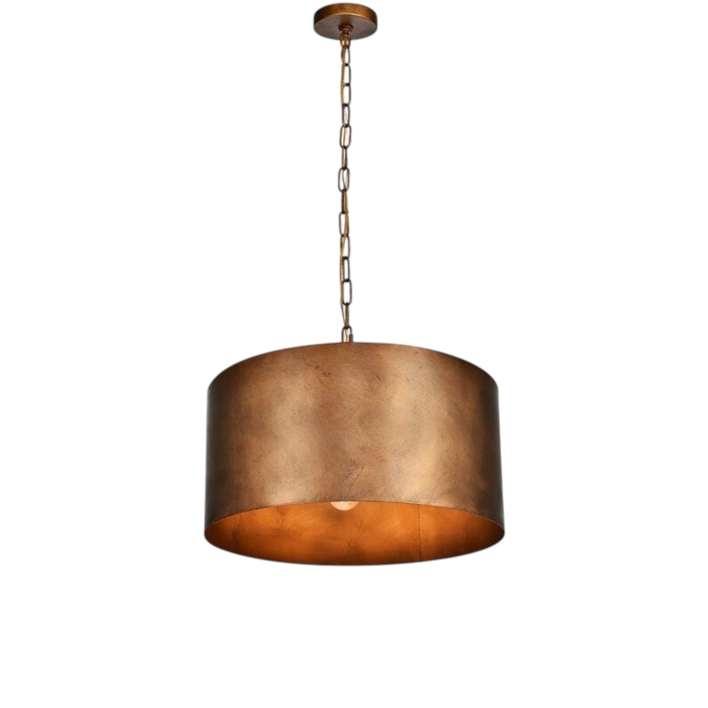 Antique brushed copper drum light fixture with warm metallic interior.