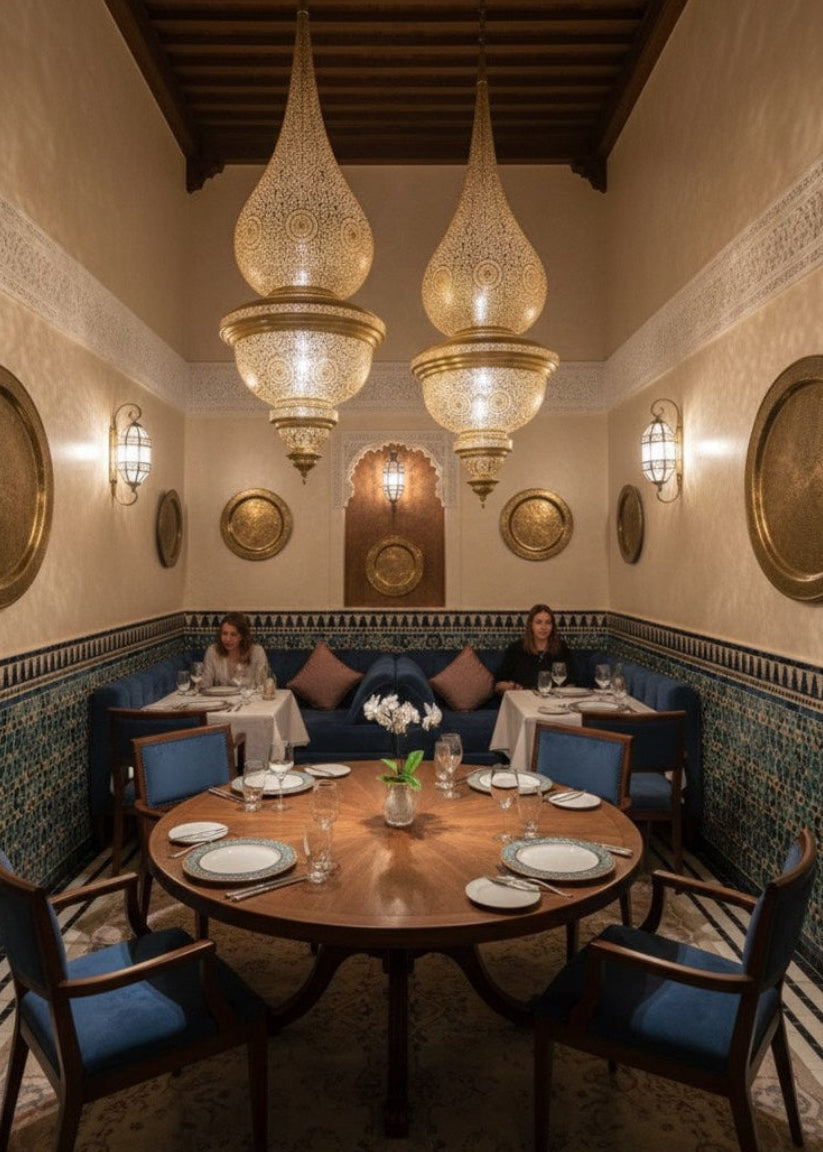 Antique style Moroccan brass lighting fixture with ornate metalwork and shadow patterns